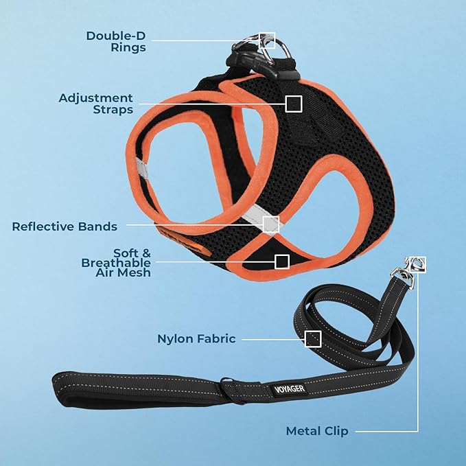 Best Pet Supplies Voyager Step-in Air All Weather Mesh Harness and Reflective Dog 5 ft Leash Combo with Neoprene Handle, for Small, Medium and Large Breed Puppies - Black/Orange Trim, X-Large