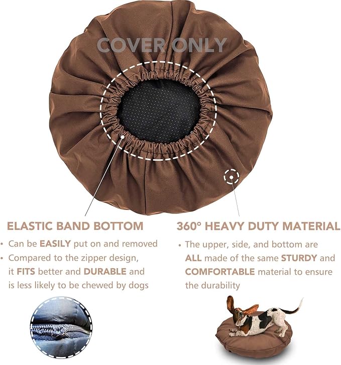 Dog Bed Cover Waterproof Replacement Machine Washable Covers for 24x24 Inch Dog Bed Heavy Duty Scratch Resistant Mattress Protector Pet Bed Round Brown Cover Only