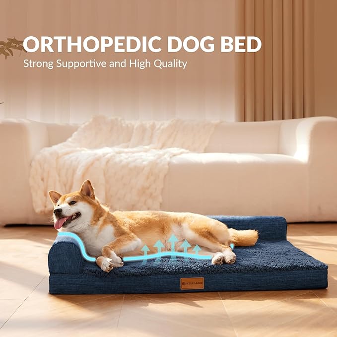 Patas Lague Orthopedic XL Dog Bed Large Sized Dog 42''X28'', Waterproof L Bolster Big Large Pet Sofa Beds with Removable Washable Cover, Soft Comfortable Pet Couch Crate Mat with Nonskid Bottom, Navy