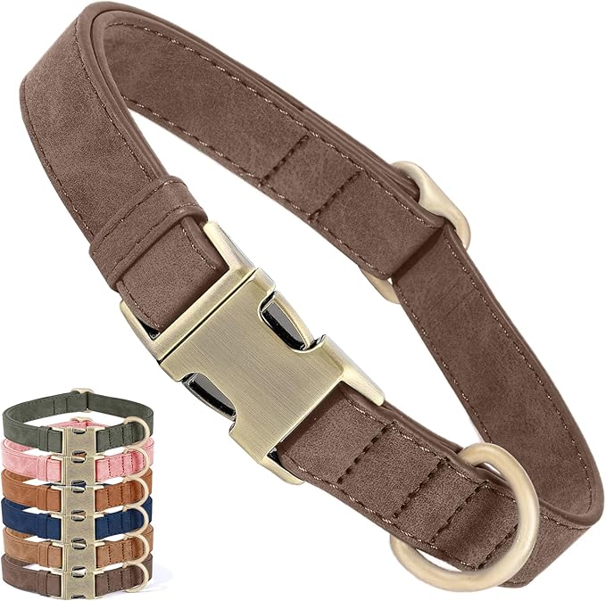 Genuine Leather Dog Collar - Adjustable Pet Collar with Quick Release Metal Buckle, Soft Skin Friendly Real Leather Collar for Small, Medium, Large Dogs (Dark Brown, M：Fit 12-20" Neck)