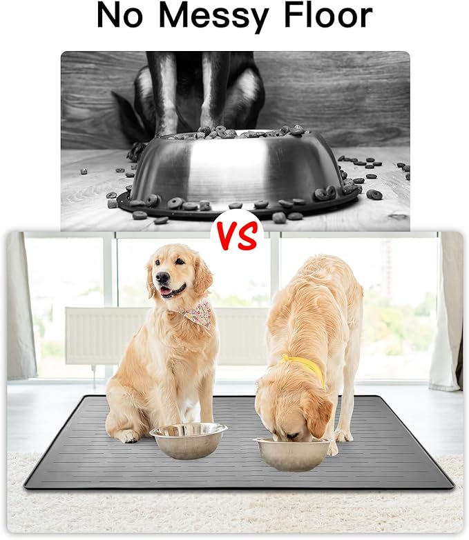 48" x 32" Largest Pet Food Mat, XXXL Silicone Dog Mats for Food and Water, Nonslip Pet Feeding Mats for Floors,Dog Cat Bowl Mat with Raised Edges, Gray Blue