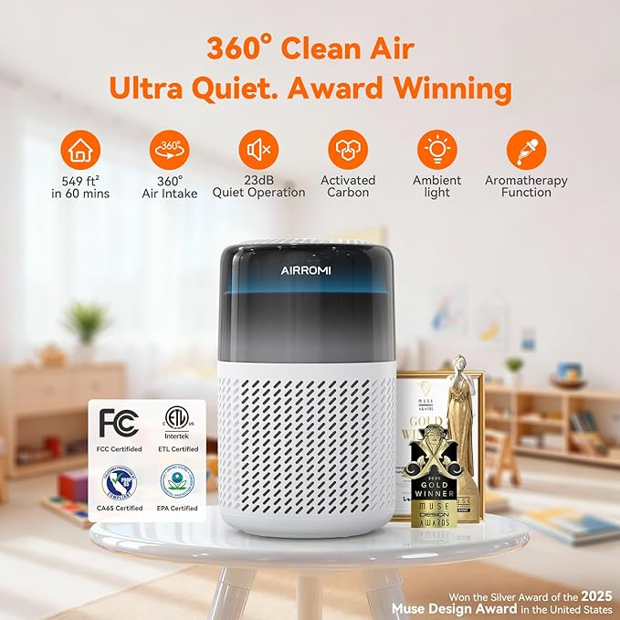 AIRROMI HEPA Air Purifier for Bedroom&Home,Pet Air Purifier for Home Pets,Removes Pet Odor,Cat Litter Smell,Dust,Smoke&Allergies,Quiet Room Air Purifier with Scents,360°Air Cleaner,A2005 White