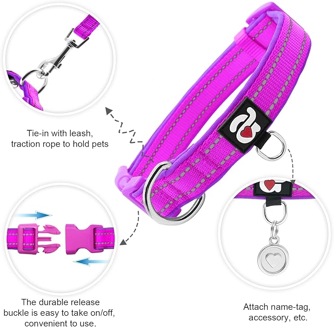 azuza Reflective Dog Collar,Soft Neoprene Padded Pet Collar with ID Tag Ring,Adjustable for Medium Dogs,Purple,M