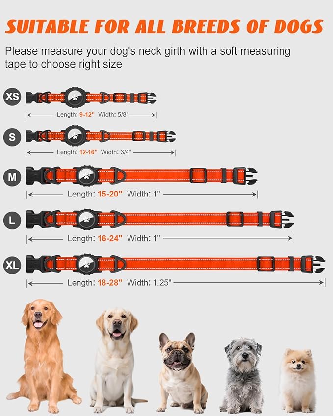 Joytale Airtag Dog Collar, Reflective Pet Collar with Waterproof AirTag Holder, Dual D-Rings, Soft Padded Adjustable for Extra Large Dogs, Orange, XL