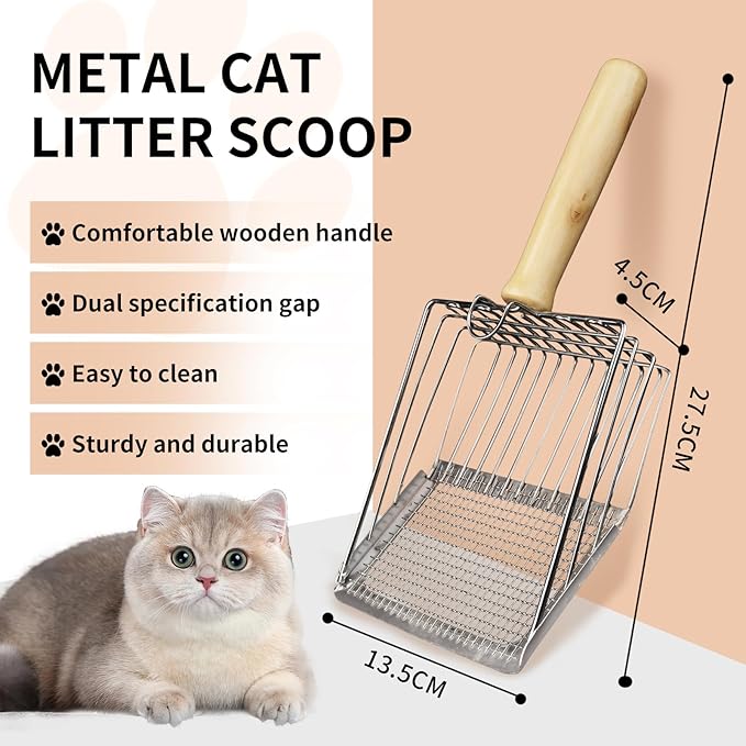 Cat Litter Scoop, Premium Kitty Shovel with Hook and Hole, Metal Sifter Scooper Stainless Steel for Easy Cleaning, Durable and Heavy Duty, Odor-Free for Litter Box (Scoop with Holder)