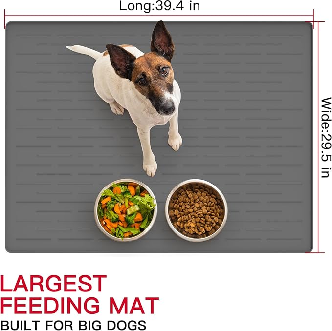 39.4"x29.5" Large Pet Food Mat, Silicone Dog Mats for Food and Water, Nonslip Pet Feeding Mats for Floors,Dog Cat Bowl Mat with Raised Edges, Lake Blue