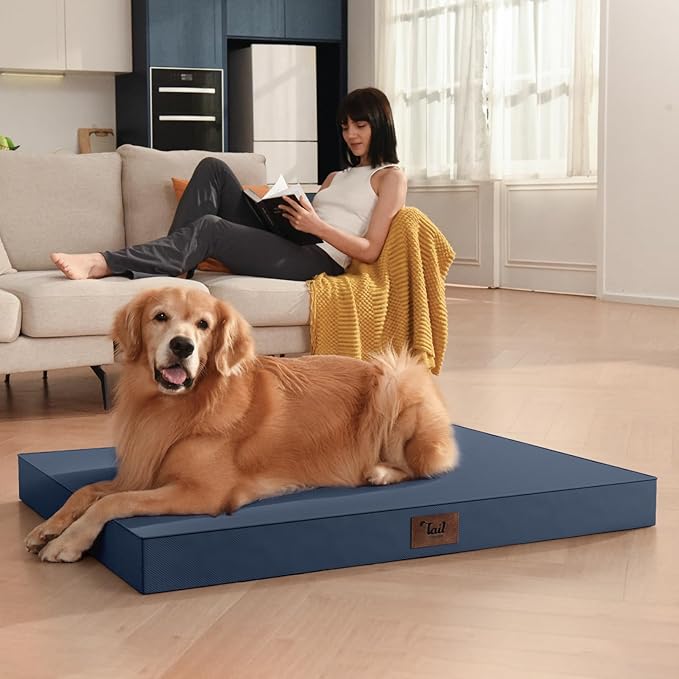 Outdoor Dog Bed for Medium Dogs, Waterproof Dog Crate Mat Orthopedic Egg Crate Foam Pet Bed with Washable Removable Oxford Cover, Navy