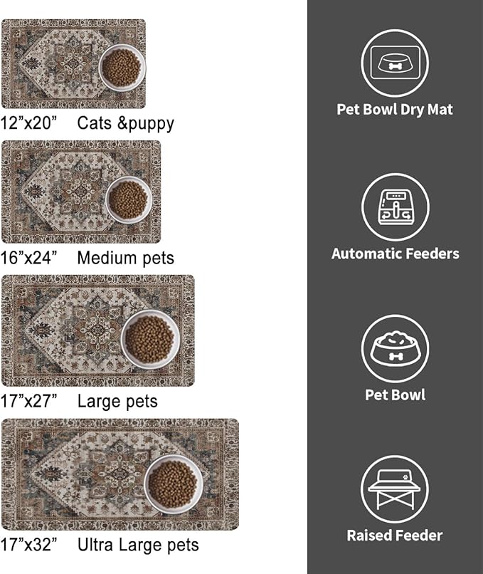 Dog Food Mats for Floors, Absorbent and Quick-Drying Pet Cat Food Mat,Anti-Fouling and Easy-to-Clean Pet Feeding Mat,Dog Bowl Mat for Messy Drinking Water Bowls.17 x27, Bohemia Style