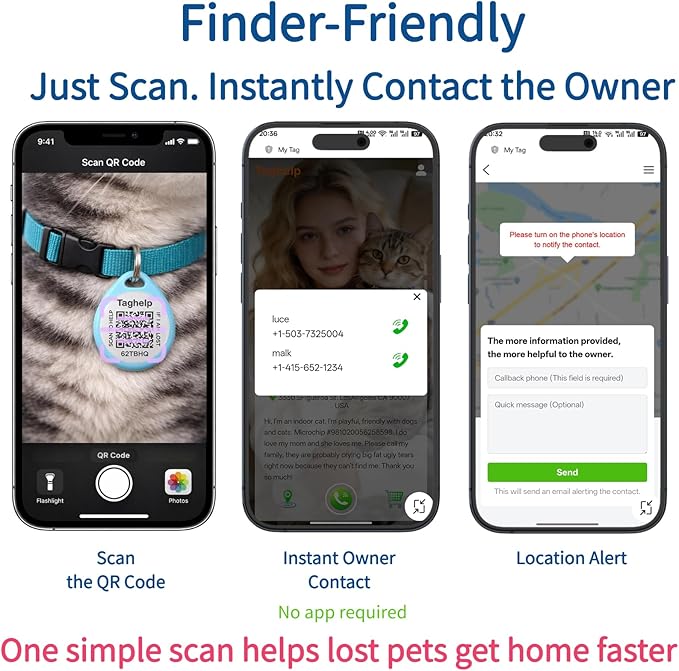 2 Pack- QR Code Smart ID Tags for Collar Personalized Cat Name Tag for Kitten Collar, Cat Tracker for Pet Online Profile - Scan QR Receive Instant Pet Location Alert Email (Black & Pink,1")