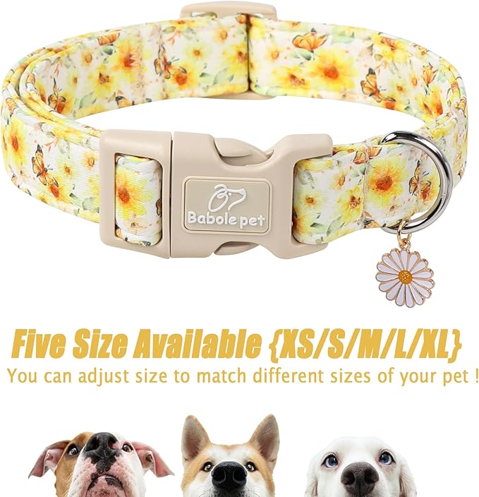 Sunflower Dog Collar, Adjustable Cute Dog Collars for Medium Dogs, Lightweight Summer Fall Pet Collar with Quick-Release Buckle for Boy&Girl Dogs M