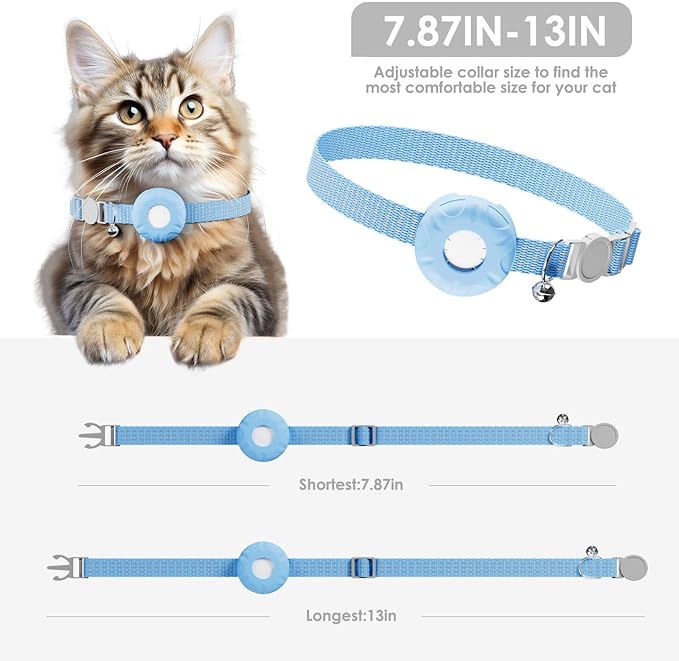 Cat GPS Tracker, Smart Cat Tracker Compatible with Apple Find My App (Only iOS), No Monthly Fee, Waterproof, Breakaway Collar Included (White Tracker, Blue Cat Collar)