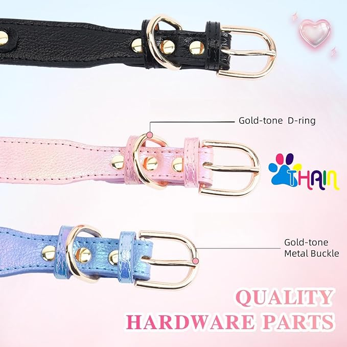 THAIN Fashion Dog Collar with Bling Diamonds & Heart Charm – 5 Holes Adjustable PU Leather Rhinestones Necklace Collar, Gold Buckle for Medium Dogs Girl boy (Black, M)