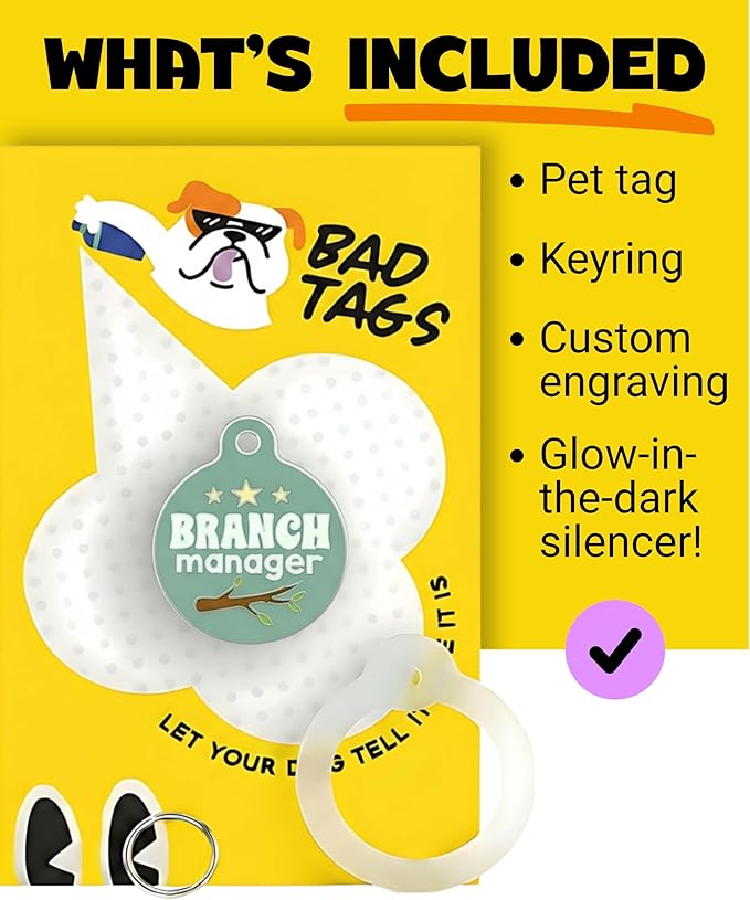 Bad Tags Personalized Dog and Cat ID Tags in 25+ Designs and 2 Sizes - 5 Lines of Custom Engraved Text - Funny Cute Personalized Pet Tags (Branch Manager, Small (1 inch))