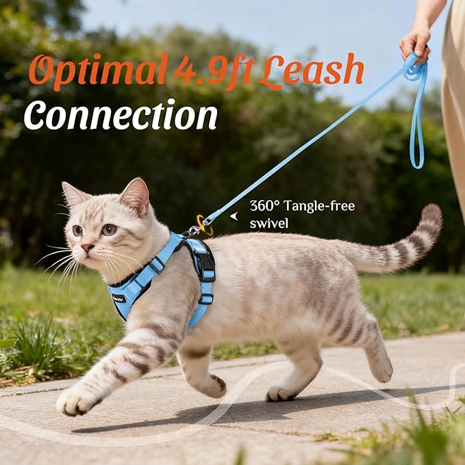 Dooradar Cat Harness and Leash Set, Escape Proof Safe Adjustable Kitten Vest Harnesses for Walking, Easy Control Soft Breathable Mesh Jacket with Reflective Strips for Cats, Light Blue, S