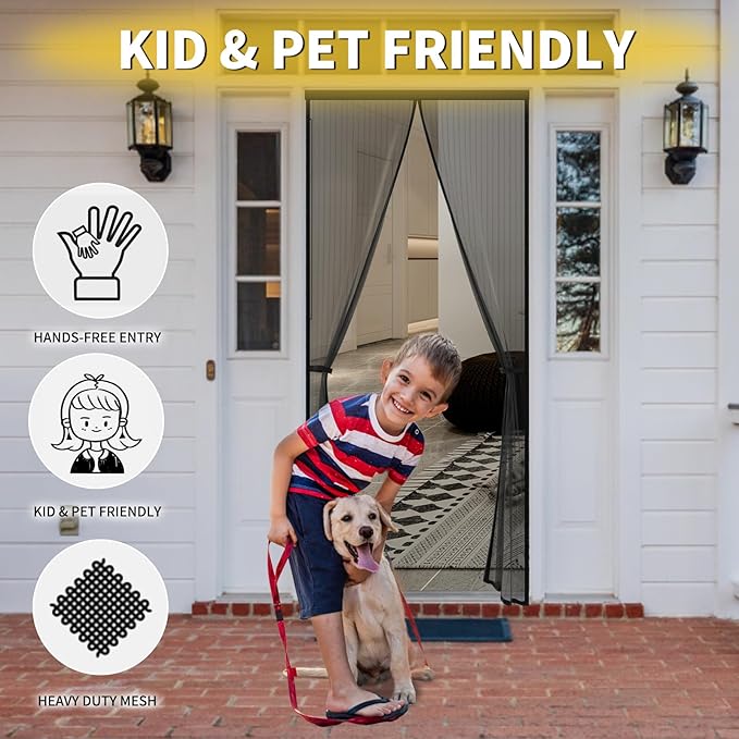 Magnetic Screen Door -Fit for Door Size:32x80 Inch, Hands Free Mesh Partition, Heavy Duty Screen Door Mesh Curtain Keeps Bugs Out, Frame Hook & Loop, Pet and Kid Friendly, Itself Size 34x82