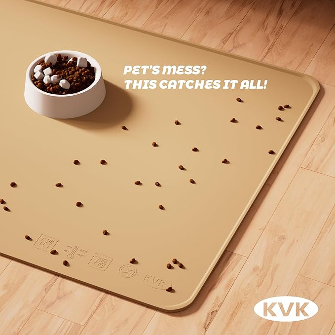 Extra Extra Large Silicone Dog Food Mat 39.4×43.3in and 128oz Silicone Bag Set, Super Size Waterproof Pet Feeding Mat & Container, Non-Slip, Chew-Resistant Floor Protection (Taupe&Orange)