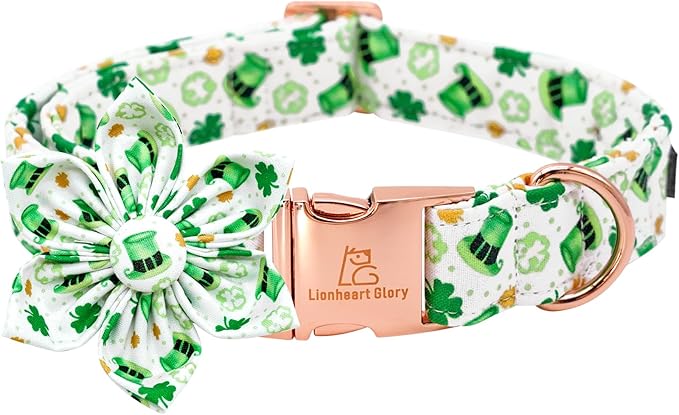 Lionheart glory St. Patrick's Day Dog Collar with Flower Dogs Collar,Soft Green Lucky Clover Shamrock Dog Collars Flower for Medium Dogs Puppy Soft Collars Bows Heavy Duty