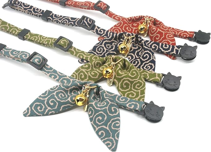 PetSoKoo Bunny Ears Cat Collar, Japan Lucky ‘開三運’ Charm. Safety Breakaway Bowtie Kitten Collar with Bell, Navy Blue