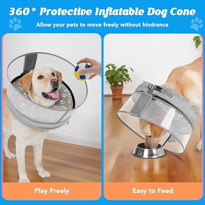 Inflatable Dog Cone with Anti-Licking Clear Shield, Protective Dog Donut Collar After Surgery, Adjustable Soft Recovery Cone for Pets, Alternative Collar with Buckle Strap (Grey Paw, M)