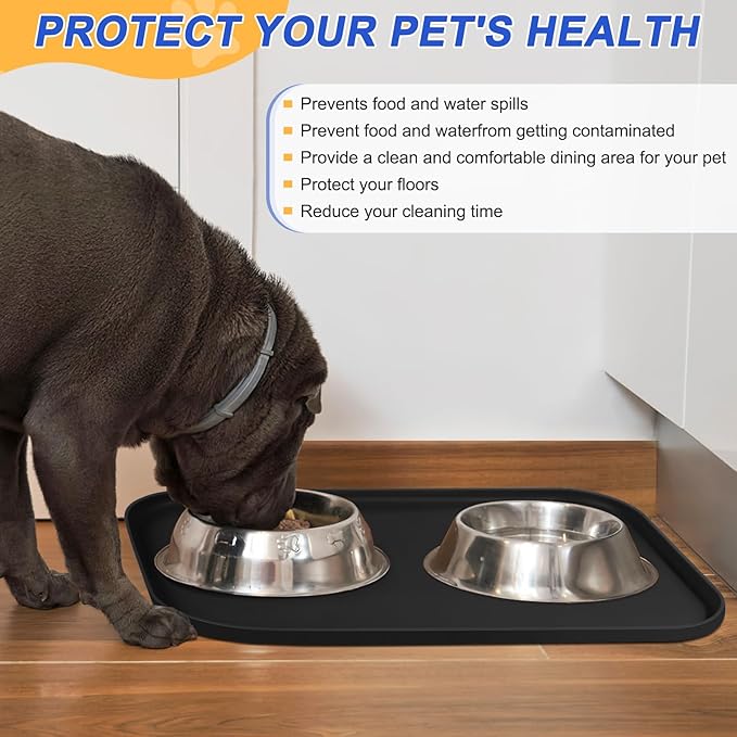 Silicone Pet Feeding Mat with Raised Edge for Food and Water, Dog Bowl Mats, Cat Bowls Placemat with High Lip for Floor Waterproof, Rubber Tray for Cats and Dogs 24 x 16 x0.8 Black
