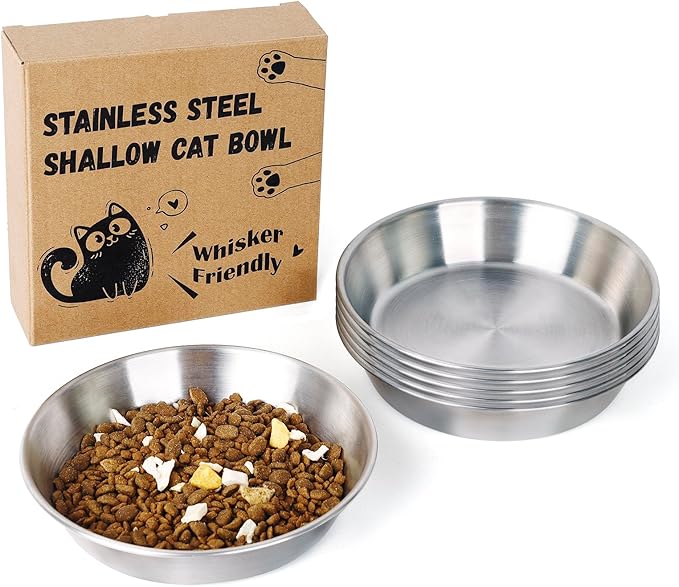 6-Pack Stainless Steel Cat Food Bowls, Shallow Whisker-Friendly Non-Slip Silicone Base Metal Dishes, Easy to Clean Indoor Water Flat Plates for Cat, Kitten, Small Dog (5.9")
