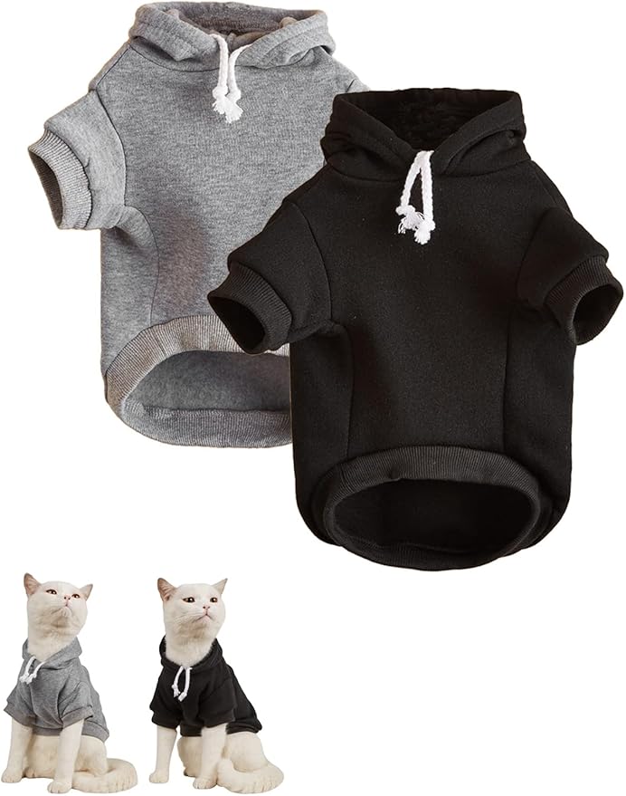 QWINEE Basic Dog Hoodie Sweatshirt Puppy Sweater Warm Cat Costumes Pet Clothes for Chihuahua Puppy Kitten Small Medium Dogs Black and Grey X-Small