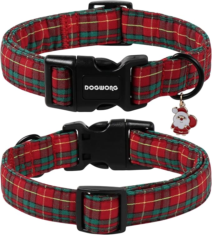 DOGWONG Christmas Plaid Dog Collar, Adjustable Red Tartan Collar, Scottish Red Grid Dog Collar with Strong Plastic Buckle for Small Medium Large Dogs,XS