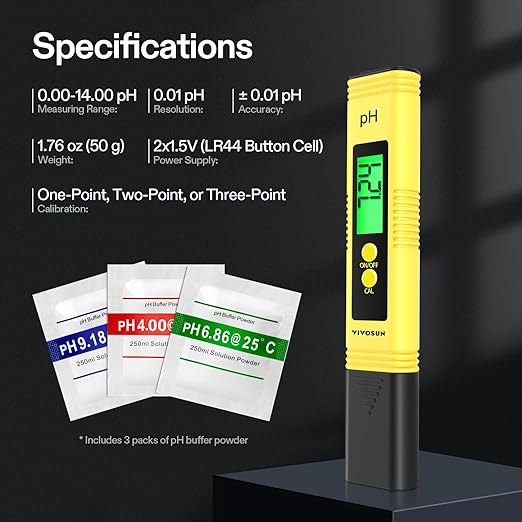 VIVOSUN Digital pH Meter, 0.01pH High Accuracy Pen Type pH Tester for Hydroponics, Household Drinking, Pool and Aquarium, Yellow, UL Certified