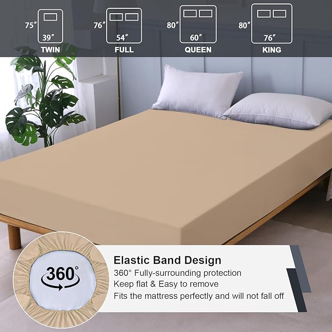 Waterproof Mattress Protector Queen, Fitted Sheet Style Breathable Mattress Cover with Deep Pocket Fits Up to 18'', Noiseless Bed Cover for Kids Adults Pets, Machine Washable (Light Tan, 60'' X 80'')