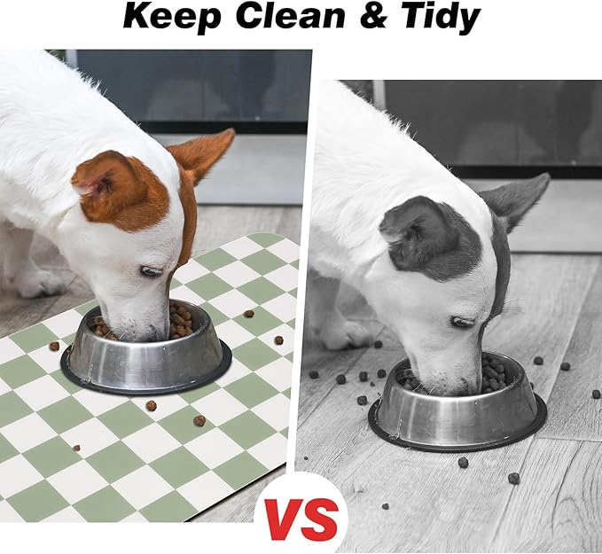Checkered Dog Food Mat, Absorbent Leak-Proof Pet Feeding Mat, Quick Dry Cat Food Mat for Messy Drinkers 17" x 32" Green