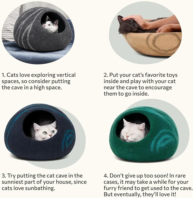MEOWFIA Cat Cave – Premium Felt Cat Bed for Indoor Cats, Handmade Merino Wool (Light Grey, Large)