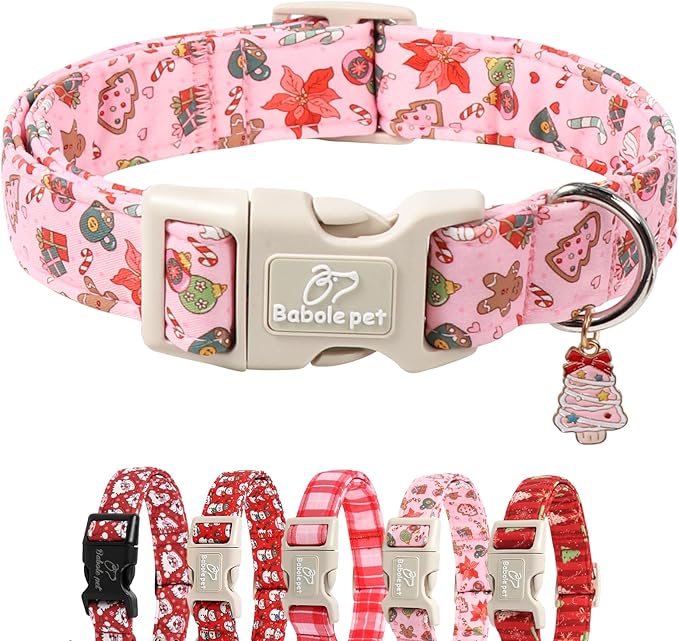 Christmas Dog Collar - Cute Pink Cozy Christmas Puppy Collar with Safety Buckle, Soft Adjustable Holiday Dog Collars for Small Medium Large Dogs L