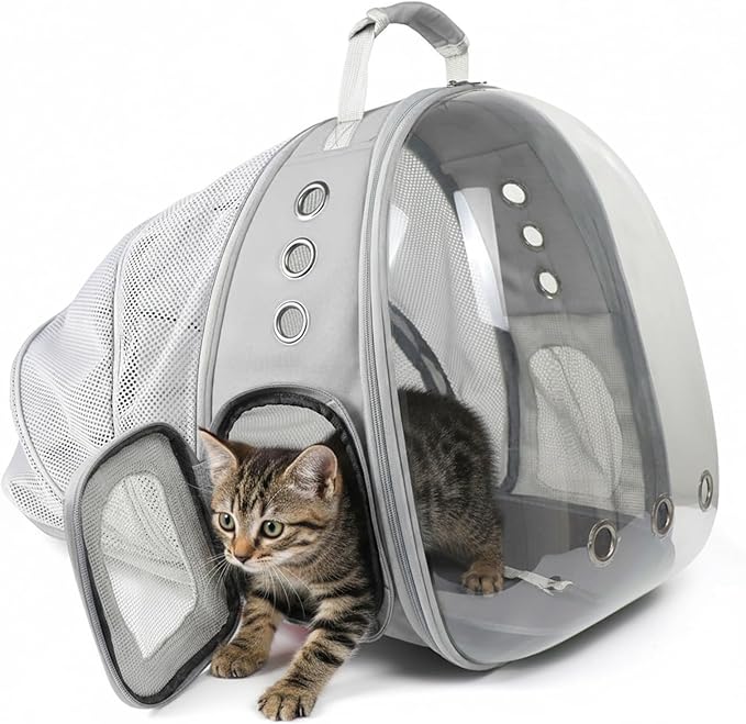 Cat Backpack Carrier, Back Expandable Pet Backpack with Bubble Window, Airline Approved Pet Travel Bag for Small/Medium Cats & Puppies, Hiking, Camping, Outdoor Use (Grey)