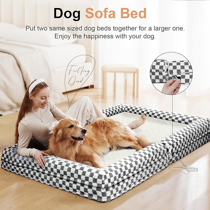 Large Dog Bed Orthopedic Washable: Beds Bolster XXL Bed Big XLarge Dogs Egg Crate Foam Sofa Couch Waterproof Removable Cover - Dark Grey Grid