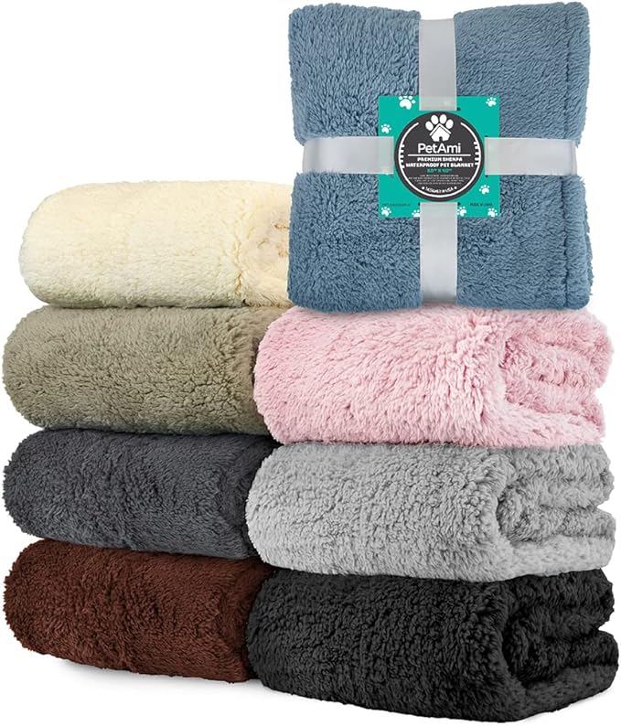 PetAmi Fluffy Waterproof Dog Blanket for Bed Large Dogs, Soft Warm Pet Sherpa Throw Pee Proof Couch Cover, Reversible Cat Blanket Sofa Crate Kennel Protector, Washable Mat (Black, 60x80)