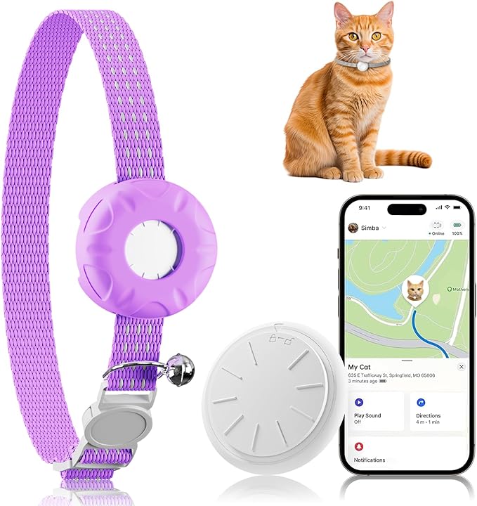 Cat Tracker, GPS Tracker Compatible with Apple Find My App(Only iOS), Waterproof Cat Tracker Collar with Bell and Safety Elastic Buckle, No Monthly Fee Pet Trackers for Vehicles, Pets, Kids (Purple)