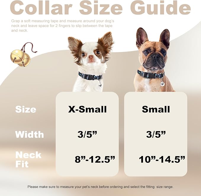 XS Dog Collar with Bell - Soft Adjustable Nylon Collar for Small Breeds, Skull Pattern Collar for Chihuahua Pomeranian Yorkie, Lightweight & Comfortable for Tiny Dogs (XS)