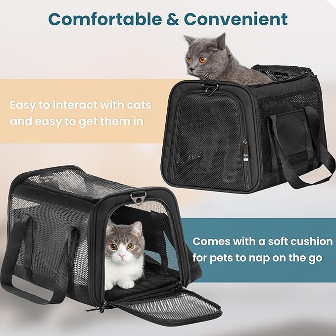 Airline Approved Cat Carrier, Soft-Sided Collapsible Pet Carrier for Travel, 3 Carrying Ways, Lightweight and Ventilation on 5 Sides, Escape Proof, with Soft Fleece Pad