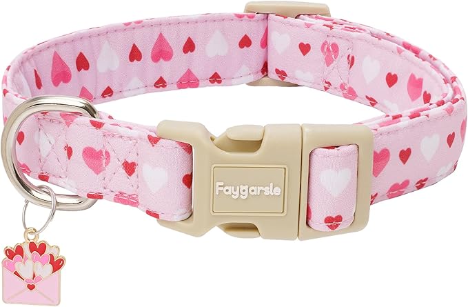 Faygarsle Valentine's Day Dog Collar, Pink with Red and White Hearts Pattern, Adjustable with Quick-Release Buckle and Heart Charm L