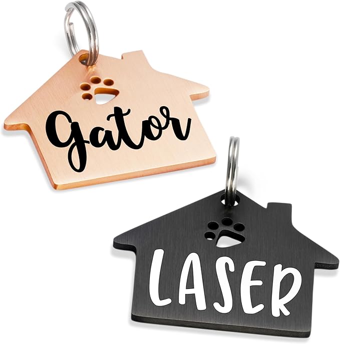 Ultra Joys Dog Tags Personalized for Pets - Hollow Paw Custom Pet ID Tag - Engraved Dog Tag for Small, Large Dogs - Large House in Rose
