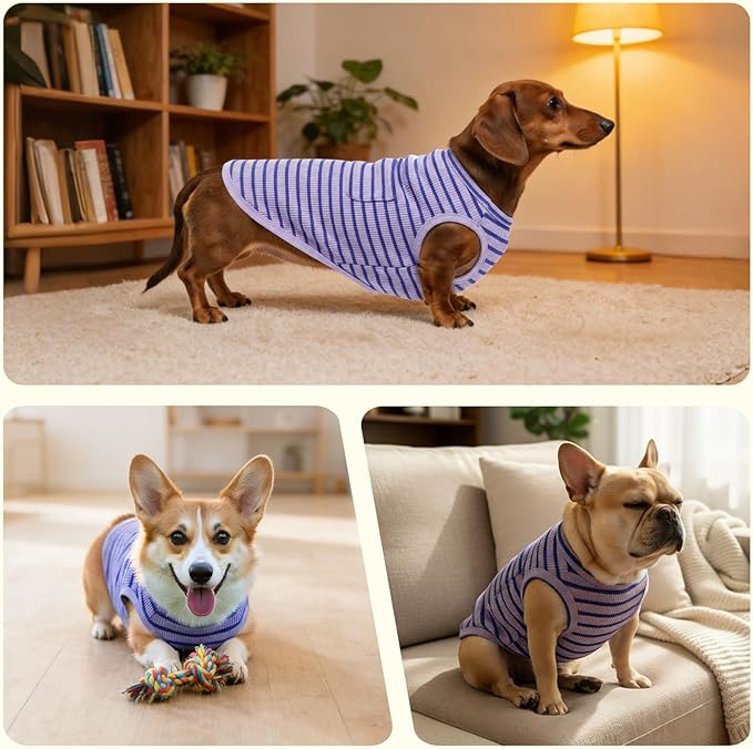 Dog Clothes, Stripe Dogs Shirts for Small & Medium Breeds, Pet Tank Top, Breathable Waffle Fabric Puppy Outfit, Shirt for Chihuahua, Yorkie, Dachshund, Corgi (4Pack, Large)