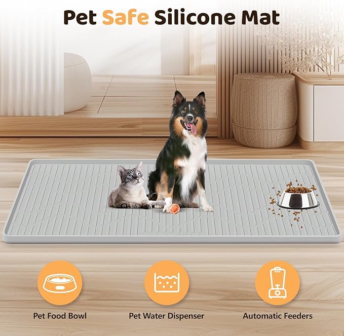 Silicone Cat & Dog Food Mat, 50" x 34" Extra Large Pet Feeding Mat for Cats and Dogs Bowl, Pet Placemat for Food and Water with Raised Edge, Waterproof, Leakproof (Grey)