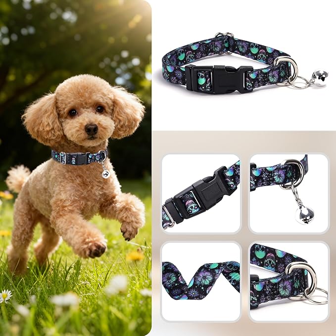 XS Dog Collar with Bell - Soft Adjustable Nylon Collar for Small Breeds, Skull Pattern Collar for Chihuahua Pomeranian Yorkie, Lightweight & Comfortable for Tiny Dogs (XS)