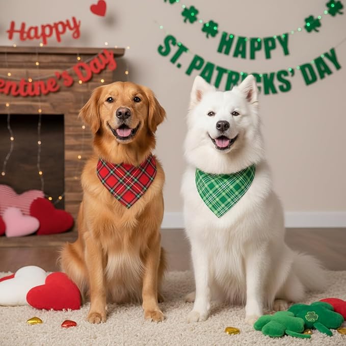 Weewooday 50 Pcs Valentine's & St. Patrick's Day Dog Bandanas Bulk Red & Green Plaid Bandanas for Dogs Soft Triangle Bibs Adjustable Scarf for Small Medium Large Pets(25.6 x 17.7 x 17.7 Inch)