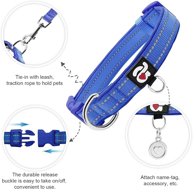 azuza Reflective Dog Collar with Airtag Holder, Soft Neoprene Padded Pet Collar with ID Tag Ring, Adjustable for Small Dogs,Royal Blue,S
