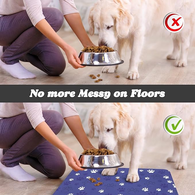 Dog Food Mat, Absorbent Water Bowl Mats Cat Pet Feeding Placemats Dark Blue 16 * 24 inch