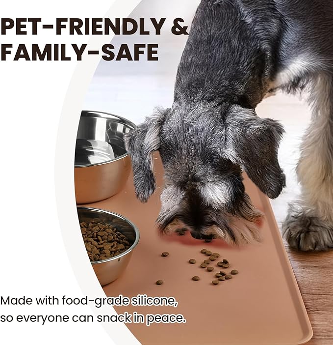VIVAGLORY Dog Food Mat Flexmat Dog Bowl Mat, Placemat Food Tray with Raised Edges & Lip for Indoor Floor, Non Slip Waterproof Silicone Dish Placemat for Cat & Pet, S, Khaki