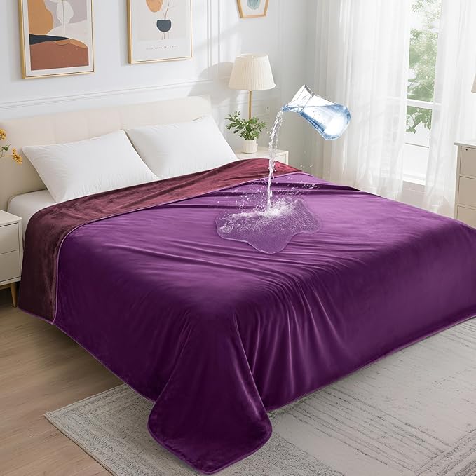 LOOBANI Waterproof Blanket for Bed: Reversible Soft Flannel Queen Bed Blanket 80" x 90", Waterproof Dog Blankets for Large Dogs, Spill-Proof Cover for Furniture Protection, Movie Time, Purple