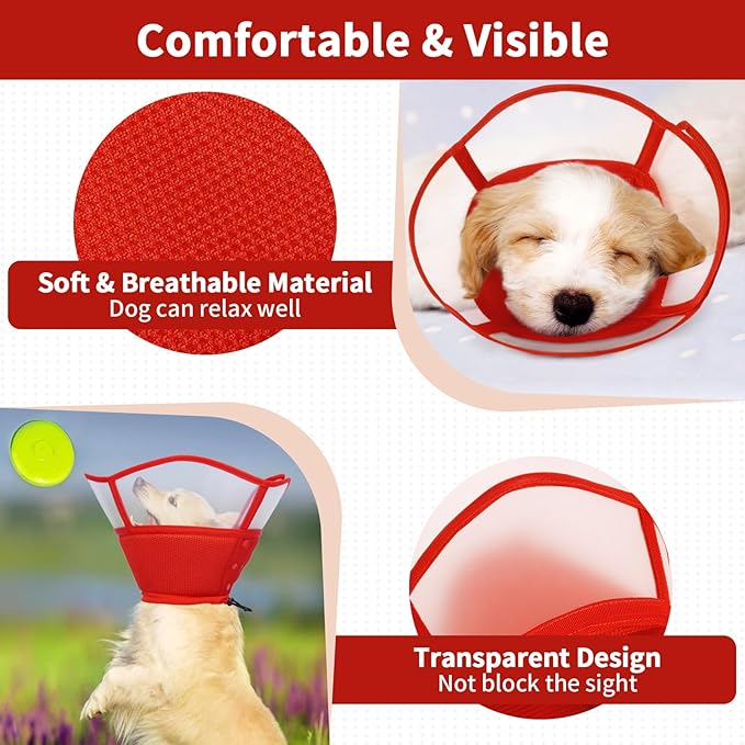 Allroaring Dog Cone Collar, Soft Dog Cones for Medium Dogs After Surgery, Adjustable Pet Cone for Dogs to Stop Licking, Breathable Doggie Elizabethan Collar for Wound Care Spay Neuter, Red M