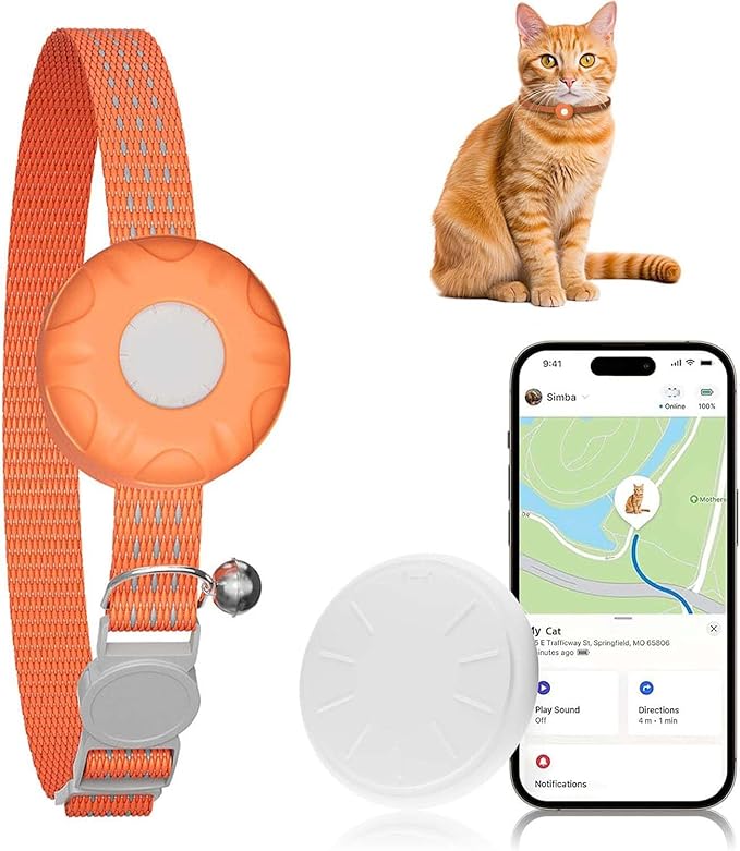 GPS Tracker for Cats, Cat GPS Tracker, Compatible with Apple Find My App (Only iOS), No Monthly Fee, Waterproof (White Tracker, Orange Cat Collar)